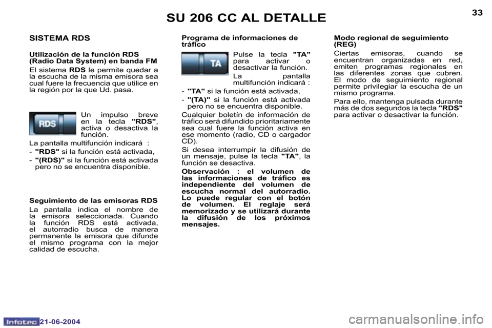 Peugeot 206 CC 2004  Manual del propietario (in Spanish) �3�2
�2�1�-�0�6�-�2�0�0�4
�3�3
�2�1�-�0�6�-�2�0�0�4
�S�U� �2�0�6� �C�C� �A�L� �D�E�T�A�L�L�E
�S�I�S�T�E�M�A� �R�D�S
�U�t�i�l�i�z�a�c�i�ó�n� �d�e� �l�a� �f�u�n�c�i�ó�n� �R�D�S�  
�(�R�a�d�i�o� �D�a�t