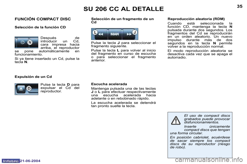 Peugeot 206 CC 2004  Manual del propietario (in Spanish) �3�4
�2�1�-�0�6�-�2�0�0�4
�3�5
�2�1�-�0�6�-�2�0�0�4
�S�U� �2�0�6� �C�C� �A�L� �D�E�T�A�L�L�E
�F�U�N�C�I�Ó�N� �C�O�M�P�A�C�T� �D�I�S�C� 
�S�e�l�e�c�c�i�ó�n� �d�e� �l�a� �f�u�n�c�i�ó�n� �C�D
�P�u�l�s