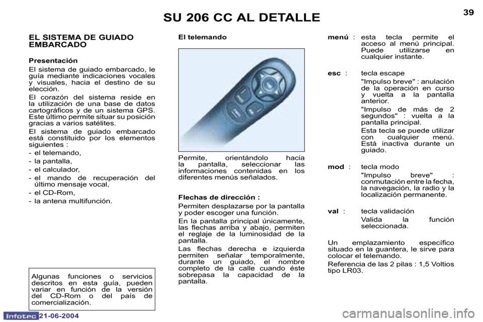 Peugeot 206 CC 2004  Manual del propietario (in Spanish) �3�8
�2�1�-�0�6�-�2�0�0�4
�3�9
�2�1�-�0�6�-�2�0�0�4
�S�U� �2�0�6� �C�C� �A�L� �D�E�T�A�L�L�E
�E�l� �t�e�l�e�m�a�n�d�o�  
�P�e�r�m�i�t�e�,�  �o�r�i�e�n�t�á�n�d�o�l�o�  �h�a�c�i�a�  
�l�a�  �p�a�n�t�a�