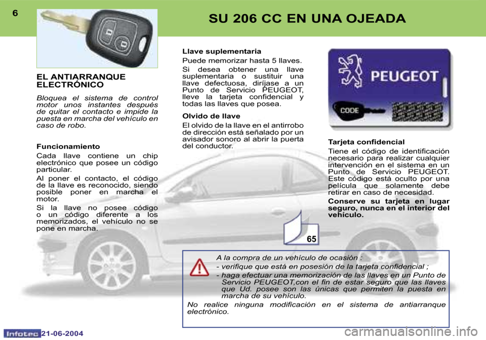 Peugeot 206 CC 2004  Manual del propietario (in Spanish) �6�5
�6
�2�1�-�0�6�-�2�0�0�4
�7
�2�1�-�0�6�-�2�0�0�4
�S�U� �2�0�6� �C�C� �E�N� �U�N�A� �O�J�E�A�D�A
�E�L� �A�N�T�I�A�R�R�A�N�Q�U�E�  
�E�L�E�C�T�R�Ó�N�I�C�O
�B�l�o�q�u�e�a�  �e�l�  �s�i�s�t�e�m�a�  �