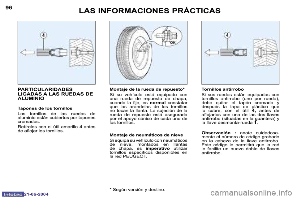 Peugeot 206 CC 2004  Manual del propietario (in Spanish) �9�6
�2�1�-�0�6�-�2�0�0�4
�9�7
�2�1�-�0�6�-�2�0�0�4
� �L�A�S� �I�N�F�O�R�M�A�C�I�O�N�E�S� �P�R�Á�C�T�I�C�A�S
�P�A�R�T�I�C�U�L�A�R�I�D�A�D�E�S�  
�L�I�G�A�D�A�S� �A� �L�A�S� �R�U�E�D�A�S� �D�E� 
�A�L�