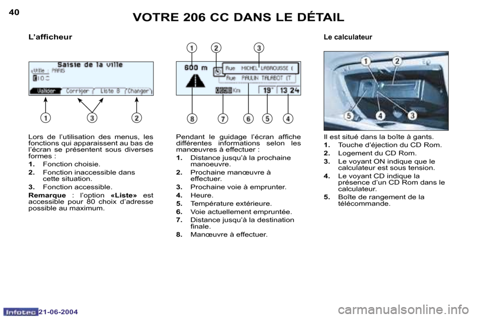 Peugeot 206 CC 2004  Manuel du propriétaire (in French) �4�0
�2�1�-�0�6�-�2�0�0�4
�4�1
�2�1�-�0�6�-�2�0�0�4
�V�O�T�R�E� �2�0�6� �C�C� �D�A�N�S� �L�E� �D�É�T�A�I�L
�L�o�r�s�  �d�e�  �l�’�u�t�i�l�i�s�a�t�i�o�n�  �d�e�s�  �m�e�n�u�s�,�  �l�e�s�  
�f�o�n�c�