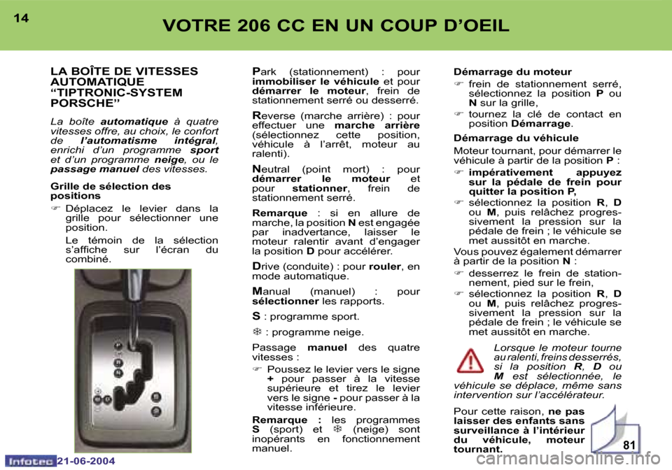 Peugeot 206 CC 2004  Manuel du propriétaire (in French) �8�1
�1�4
�2�1�-�0�6�-�2�0�0�4
�1�5
�2�1�-�0�6�-�2�0�0�4
�V�O�T�R�E� �2�0�6� �C�C� �E�N� �U�N� �C�O�U�P� �D�’�O�E�I�L
�L�A� �B�O�Î�T�E� �D�E� �V�I�T�E�S�S�E�S�  
�A�U�T�O�M�A�T�I�Q�U�E� 
�“�T�I�P
