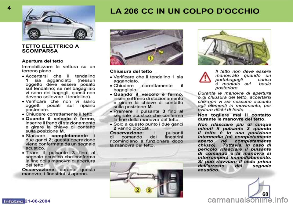 Peugeot 206 CC 2004  Manuale del proprietario (in Italian) �6�8
�4
�2�1�-�0�6�-�2�0�0�4
�5
�2�1�-�0�6�-�2�0�0�4
�L�A� �2�0�6� �C�C� �I�N� �U�N� �C�O�L�P�O� �D��O�C�C�H�I�O
�T�E�T�T�O� �E�L�E�T�T�R�I�C�O� �A�  
�S�C�O�M�P�A�R�S�A
�A�p�e�r�t�u�r�a� �d�e�l� �t�