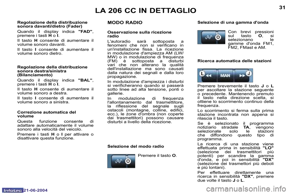Peugeot 206 CC 2004  Manuale del proprietario (in Italian) �3�0
�2�1�-�0�6�-�2�0�0�4
�3�1
�2�1�-�0�6�-�2�0�0�4
�L�A� �2�0�6� �C�C� �I�N� �D�E�T�T�A�G�L�I�O�M�O�D�O� �R�A�D�I�O
�O�s�s�e�r�v�a�z�i�o�n�e� �s�u�l�l�a� �r�i�c�e�z�i�o�n�e�  
�r�a�d�i�o 
�L��a�u�t�