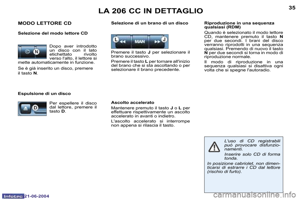 Peugeot 206 CC 2004  Manuale del proprietario (in Italian) �3�4
�2�1�-�0�6�-�2�0�0�4
�3�5
�2�1�-�0�6�-�2�0�0�4
�L�A� �2�0�6� �C�C� �I�N� �D�E�T�T�A�G�L�I�O
�M�O�D�O� �L�E�T�T�O�R�E� �C�D
�S�e�l�e�z�i�o�n�e� �d�e�l� �m�o�d�o� �l�e�t�t�o�r�e� �C�D
�P�r�e�m�e�r�