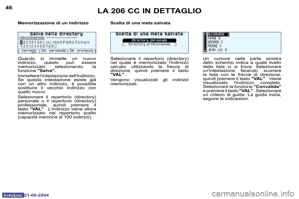 Peugeot 206 CC 2004  Manuale del proprietario (in Italian) �4�6
�2�1�-�0�6�-�2�0�0�4
�4�7
�2�1�-�0�6�-�2�0�0�4
�L�A� �2�0�6� �C�C� �I�N� �D�E�T�T�A�G�L�I�O
�M�e�m�o�r�i�z�z�a�z�i�o�n�e� �d�i� �u�n� �i�n�d�i�r�i�z�z�o� 
�Q�u�a�n�d�o�  �s�i�  �i�m�m�e�t�t�e�  �