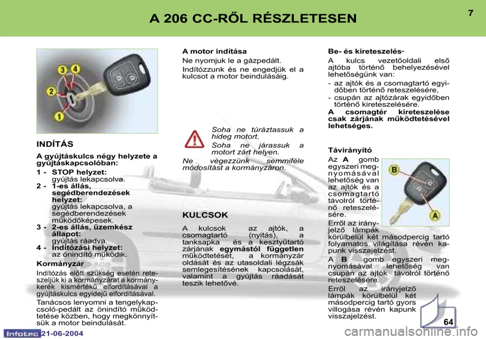 Peugeot 206 CC 2004  Kezelési útmutató (in Hungarian) �6�4
�6
�2�1�-�0�6�-�2�0�0�4
�7
�2�1�-�0�6�-�2�0�0�4
�A� �2�0�6� �C�C�-�R4�L� �R�É�S�Z�L�E�T�E�S�E�N
�I�N�D�Í�T�Á�S
�A� �g�y�ú�j�t�á�s�k�u�l�c�s� �n�é�g�y� �h�e�l�y�z�e�t�e� �a�  
�g�y�ú�j�t�