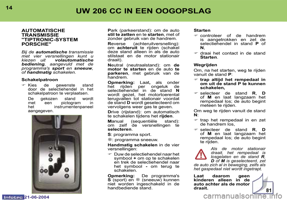 Peugeot 206 CC 2004  Handleiding (in Dutch) �8�1
�1�4
�2�1�-�0�6�-�2�0�0�4
�1�5
�2�1�-�0�6�-�2�0�0�4
�U�W� �2�0�6� �C�C� �I�N� �E�E�N� �O�O�G�O�P�S�L�A�G
�A�U�T�O�M�A�T�I�S�C�H�E�  
�T�R�A�N�S�M�I�S�S�I�E
�"�T�I�P�T�R�O�N�I�C�-�S�Y�S�T�E�M� 
�P