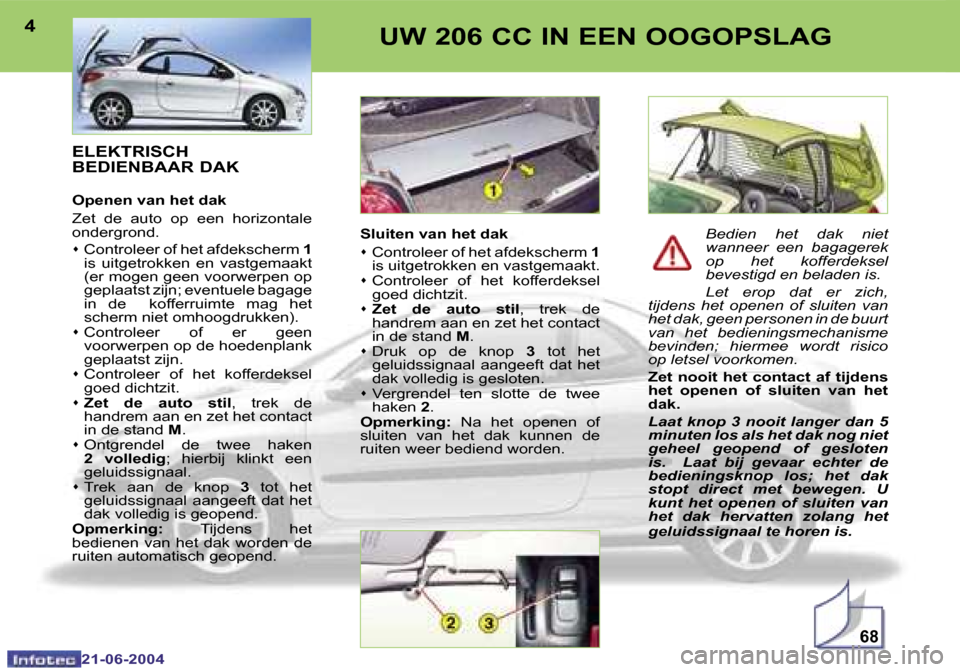 Peugeot 206 CC 2004  Handleiding (in Dutch) �6�8
�4
�2�1�-�0�6�-�2�0�0�4
�5
�2�1�-�0�6�-�2�0�0�4
�U�W� �2�0�6� �C�C� �I�N� �E�E�N� �O�O�G�O�P�S�L�A�G
�E�L�E�K�T�R�I�S�C�H�  
�B�E�D�I�E�N�B�A�A�R� �D�A�K
�O�p�e�n�e�n� �v�a�n� �h�e�t� �d�a�k 
�Z�