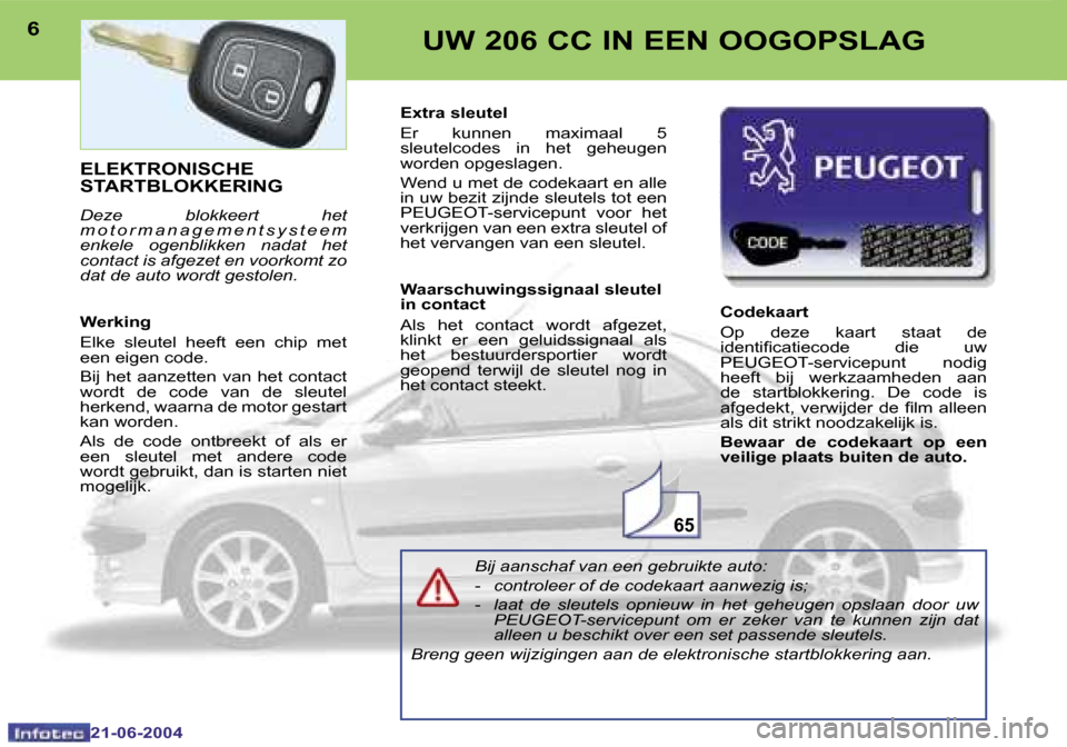 Peugeot 206 CC 2004  Handleiding (in Dutch) �6�5
�6
�2�1�-�0�6�-�2�0�0�4
�7
�2�1�-�0�6�-�2�0�0�4
�U�W� �2�0�6� �C�C� �I�N� �E�E�N� �O�O�G�O�P�S�L�A�G
�E�L�E�K�T�R�O�N�I�S�C�H�E�  
�S�T�A�R�T�B�L�O�K�K�E�R�I�N�G
�D�e�z�e�  �b�l�o�k�k�e�e�r�t�  �