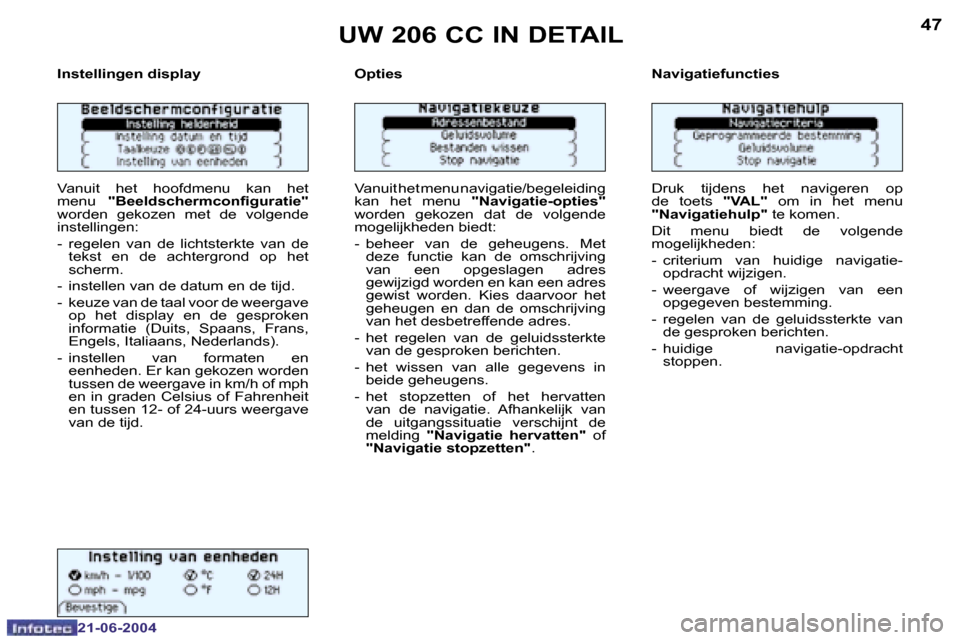 Peugeot 206 CC 2004  Handleiding (in Dutch) �4�6
�2�1�-�0�6�-�2�0�0�4
�4�7
�2�1�-�0�6�-�2�0�0�4
�U�W� �2�0�6� �C�C� �I�N� �D�E�T�A�I�L
�I�n�s�t�e�l�l�i�n�g�e�n� �d�i�s�p�l�a�y 
�V�a�n�u�i�t�  �h�e�t�  �h�o�o�f�d�m�e�n�u�  �k�a�n�  �h�e�t�  
�m�