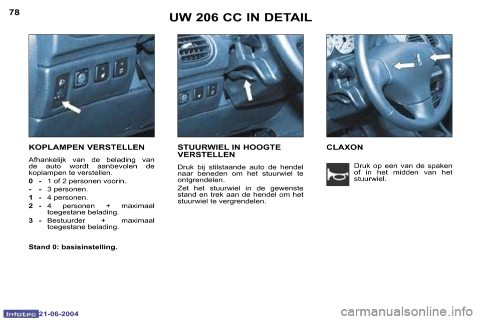 Peugeot 206 CC 2004  Handleiding (in Dutch) �7�8
�2�1�-�0�6�-�2�0�0�4
�7�9
�2�1�-�0�6�-�2�0�0�4
�U�W� �2�0�6� �C�C� �I�N� �D�E�T�A�I�L
�K�O�P�L�A�M�P�E�N� �V�E�R�S�T�E�L�L�E�N
�A�f�h�a�n�k�e�l�i�j�k�  �v�a�n�  �d�e�  �b�e�l�a�d�i�n�g�  �v�a�n� 