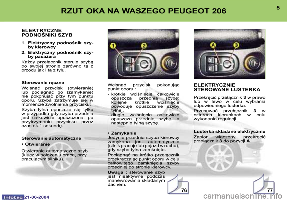 Peugeot 206 CC 2004  Instrukcja Obsługi (in Polish) �7�7�7�6
�4
�2�1�-�0�6�-�2�0�0�4
�5
�2�1�-�0�6�-�2�0�0�4
�R�Z�U�T� �O�K�A� �N�A� �W�A�S�Z�E�G�O� �P�E�U�G�E�O�T� �2�0�6�E�L�E�K�T�R�Y�C�Z�N�I�E�  
�S�T�E�R�O�W�A�N�E� �L�U�S�T�E�R�K�A
�P�r�z�e�k�r
�c