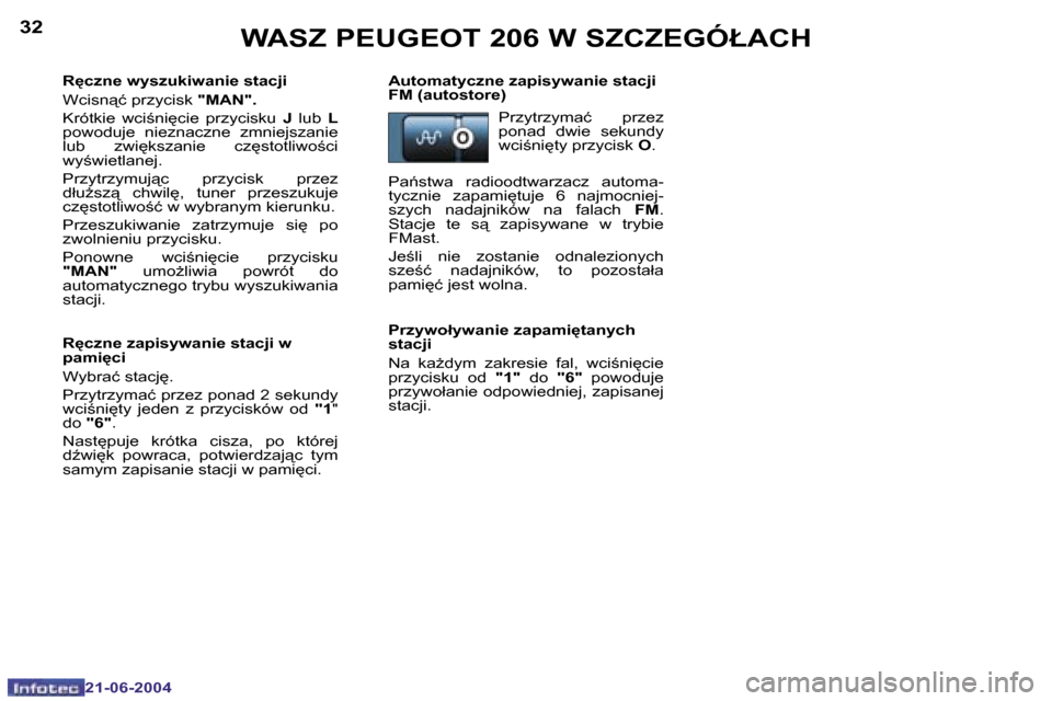 Peugeot 206 CC 2004  Instrukcja Obsługi (in Polish) �3�2
�2�1�-�0�6�-�2�0�0�4
�3�3
�2�1�-�0�6�-�2�0�0�4
�W�A�S�Z� �P�E�U�G�E�O�T� �2�0�6� �W� �S�Z�C�Z�E�G�Ó�Ł�A�C�H
�R
�c�z�n�e� �w�y�s�z�u�k�i�w�a�n�i�e� �s�t�a�c�j�i 
�W�c�i�s�n"�ć� �p�r�z�y�c�i�s