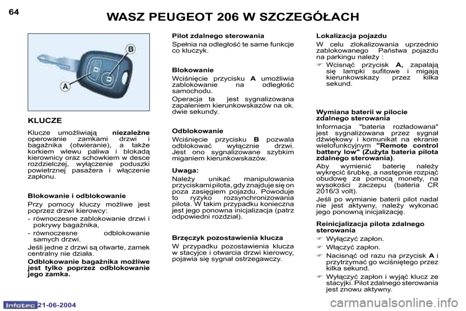 Peugeot 206 CC 2004  Instrukcja Obsługi (in Polish) �6�4
�2�1�-�0�6�-�2�0�0�4
�6�5
�2�1�-�0�6�-�2�0�0�4
�W�A�S�Z� �P�E�U�G�E�O�T� �2�0�6� �W� �S�Z�C�Z�E�G�Ó�Ł�A�C�H
�K�L�U�C�Z�E
�K�l�u�c�z�e�  �u�m�oG�l�i�w�i�a�j"�  �  �n�i�e�z�a�l�eG�n�e� 
�o�p�e
