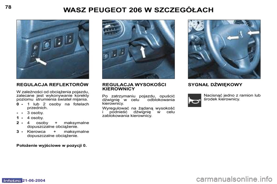 Peugeot 206 CC 2004  Instrukcja Obsługi (in Polish) �7�8
�2�1�-�0�6�-�2�0�0�4
�7�9
�2�1�-�0�6�-�2�0�0�4
�W�A�S�Z� �P�E�U�G�E�O�T� �2�0�6� �W� �S�Z�C�Z�E�G�Ó�Ł�A�C�H
�R�E�G�U�L�A�C�J�A� �R�E�F�L�E�K�T�O�R�Ó�W
�W� �z�a�l�eG�n�o;�c�i� �o�d� �o�b�c�i