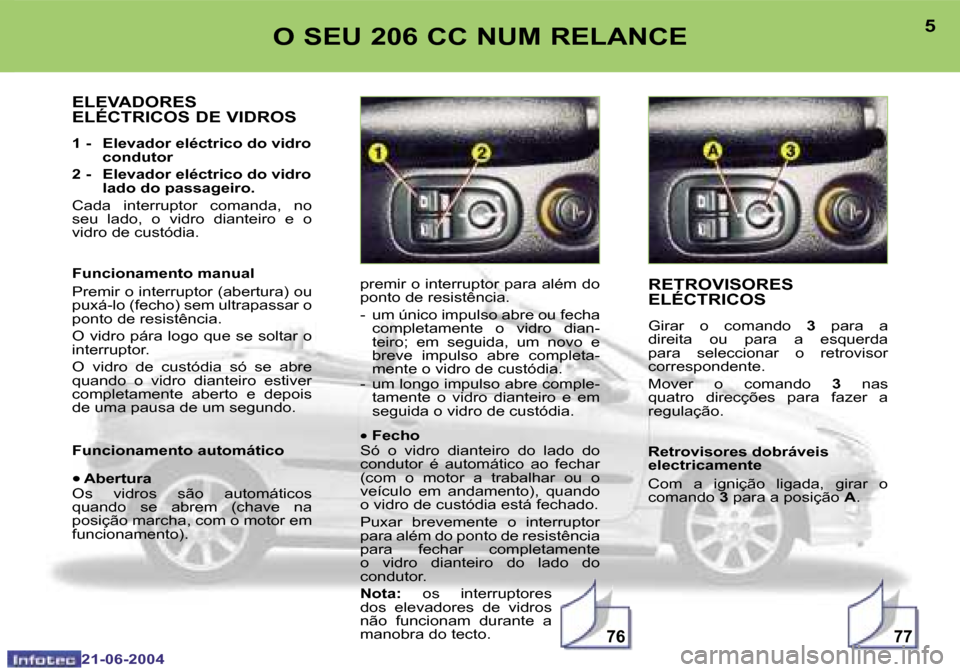 Peugeot 206 CC 2004  Manual do proprietário (in Portuguese) �7�7�7�6
�4
�2�1�-�0�6�-�2�0�0�4
�5
�2�1�-�0�6�-�2�0�0�4
�O� �S�E�U� �2�0�6� �C�C� �N�U�M� �R�E�L�A�N�C�E�R�E�T�R�O�V�I�S�O�R�E�S�  
�E�L�É�C�T�R�I�C�O�S
�G�i�r�a�r�  �o�  �c�o�m�a�n�d�o� �3�  �p�a�r