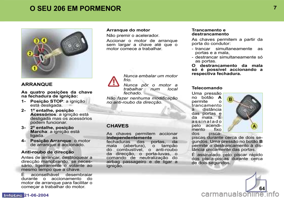 Peugeot 206 CC 2004  Manual do proprietário (in Portuguese) �6�4
�6
�2�1�-�0�6�-�2�0�0�4
�7
�2�1�-�0�6�-�2�0�0�4
�O� �S�E�U� �2�0�6� �E�M� �P�O�R�M�E�N�O�R
�A�R�R�A�N�Q�U�E
�A�s�  �q�u�a�t�r�o�  �p�o�s�i�ç�õ�e�s�  �d�a�  �c�h�a�v�e�  
�n�a� �f�e�c�h�a�d�u�r�