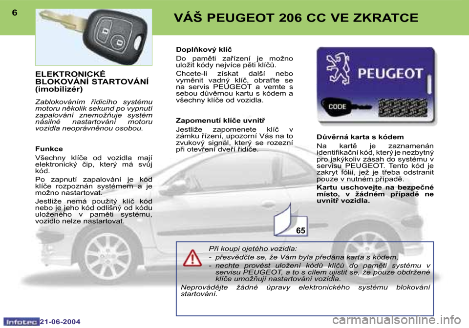 Peugeot 206 CC 2004  Návod k obsluze (in Czech) �6�5
�6
�2�1�-�0�6�-�2�0�0�4
�7
�2�1�-�0�6�-�2�0�0�4
�V�Á�Š� �P�E�U�G�E�O�T� �2�0�6� �C�C� �V�E� �Z�K�R�A�T�C�E
�E�L�E�K�T�R�O�N�I�C�K�É�  
�B�L�O�K�O�V�Á�N�Í� �S�T�A�R�T�O�V�Á�N�Í� 
�(�i�m�o�b