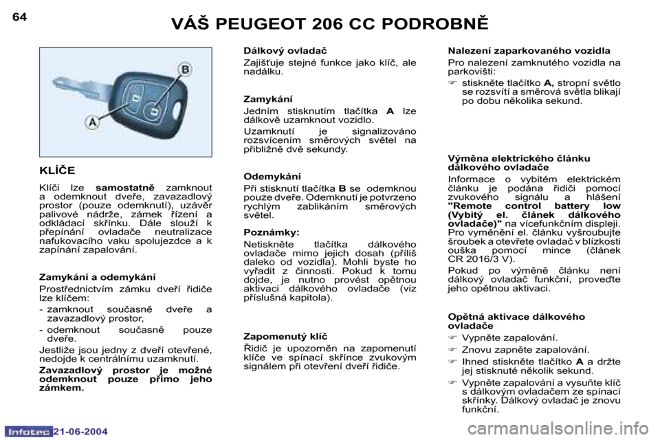 Peugeot 206 CC 2004  Návod k obsluze (in Czech) �6�4
�2�1�-�0�6�-�2�0�0�4
�6�5
�2�1�-�0�6�-�2�0�0�4
�V�Á�Š� �P�E�U�G�E�O�T� �2�0�6� �C�C� �P�O�D�R�O�B�N(
�K�L�Í�Č�E
�K�l�í�č�i�  �l�z�e�  �s�a�m�o�s�t�a�t�n) �  �z�a�m�k�n�o�u�t� 
�a�  �o�d�e
