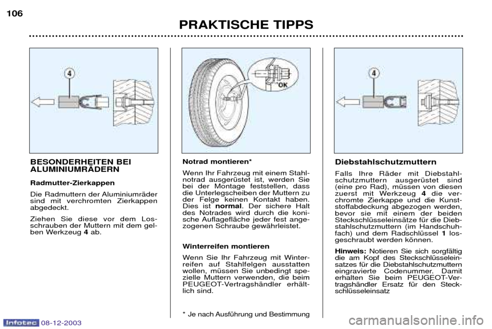 Peugeot 206 CC 2003.5  Betriebsanleitung (in German) PRAKTISCHE TIPPS
106
08-12-2003
BESONDERHEITEN BEI  ALUMINIUMR€DERN  Radmutter-Zierkappen 
Die Radmuttern der AluminiumrŠder sind mit verchromten Zierkappenabgedeckt.  Ziehen Sie diese vor dem Los-