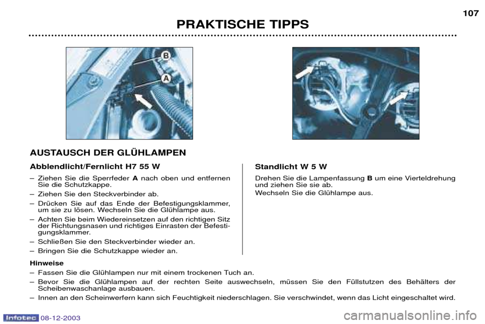 Peugeot 206 CC 2003.5  Betriebsanleitung (in German) PRAKTISCHE TIPPS107
08-12-2003
Ð Ziehen Sie die Sperrfeder 
Anach oben und entfernen
Sie die Schutzkappe.
Ð Ziehen Sie den Steckverbinder ab. 
Ð DrŸcken Sie auf das Ende der Befestigungsklammer, u