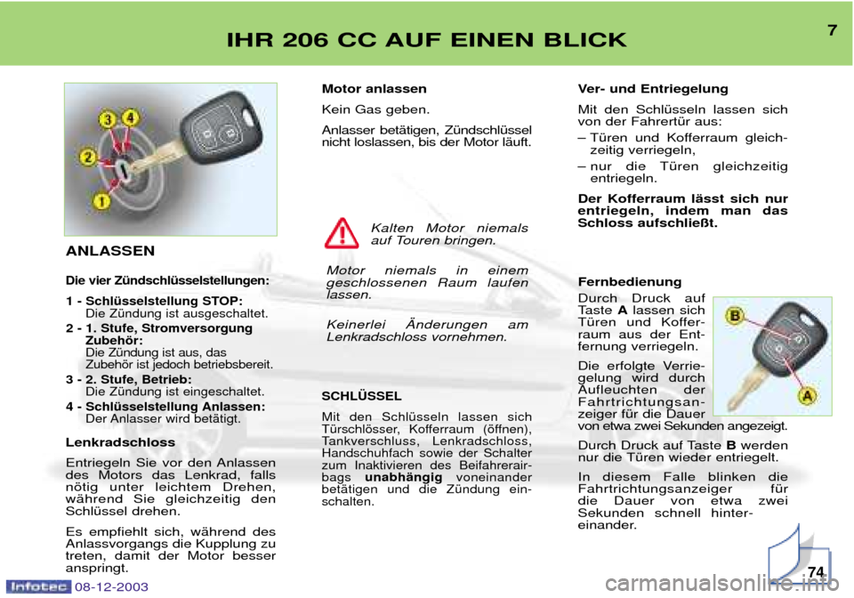 Peugeot 206 CC 2003.5  Betriebsanleitung (in German) 7IHR 206 CC AUF EINEN BLICK
74
Motor anlassen  Kein Gas geben. Anlasser betŠtigen, ZŸndschlŸssel nicht loslassen, bis der Motor lŠuft.
SCHL†SSEL Mit den SchlŸsseln lassen sich 
TŸrschlšsser, 