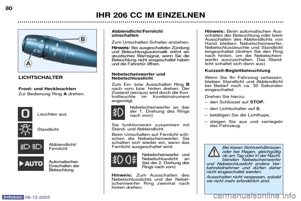 Peugeot 206 CC 2003.5  Betriebsanleitung (in German) IHR 206 CC IM EINZELNEN
80
08-12-2003
LICHTSCHALTER  Front- und Heckleuchten Zur Bedienung Ring 
Adrehen.
Leuchten aus Standlicht Abblendlicht/ Fernlicht 
AutomatischesEinschalten derBeleuchtung 
Abbl