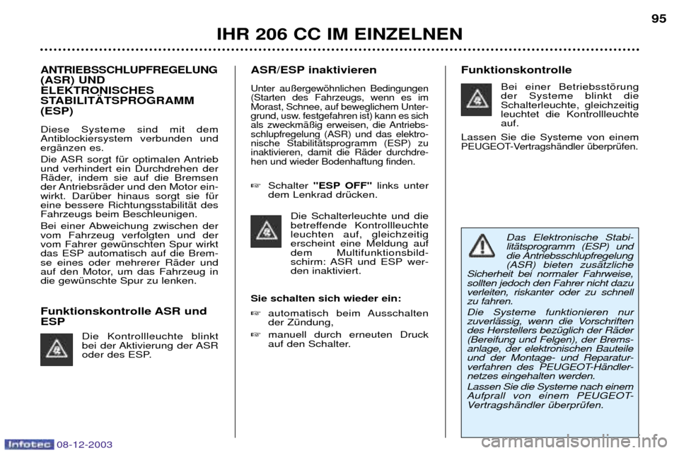 Peugeot 206 CC 2003.5 Betriebsanleitung (in German) IHR 206 CC IM EINZELNEN95
08-12-2003
ANTRIEBSSCHLUPFREGELUNG(ASR) UND ELEKTRONISCHES
STABILIT€TSPROGRAMM(ESP) Diese Systeme sind mit dem Antiblockiersystem verbunden undergŠnzen es.
Die ASR sorg Peugeot 206 CC 2003.5 Betriebsanleitung (in German) IHR 206 CC IM EINZELNEN95
08-12-2003
ANTRIEBSSCHLUPFREGELUNG(ASR) UND ELEKTRONISCHES
STABILIT€TSPROGRAMM(ESP) Diese Systeme sind mit dem Antiblockiersystem verbunden undergŠnzen es.
Die ASR sorg