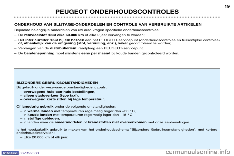 Peugeot 206 CC 2003.5 Handleiding (in Dutch) PEUGEOT ONDERHOUDSCONTROLES 19
08-12-2003
ONDERHOUD VAN SLIJTAGE-ONDERDELEN EN CONTROLE VAN VERBRUIKTE ARTIKELEN Bepaalde belangrijke onderdelen van uw auto vragen specifieke onderhoudscontroles:
Ð Peugeot 206 CC 2003.5 Handleiding (in Dutch) PEUGEOT ONDERHOUDSCONTROLES 19
08-12-2003
ONDERHOUD VAN SLIJTAGE-ONDERDELEN EN CONTROLE VAN VERBRUIKTE ARTIKELEN Bepaalde belangrijke onderdelen van uw auto vragen specifieke onderhoudscontroles:
Ð