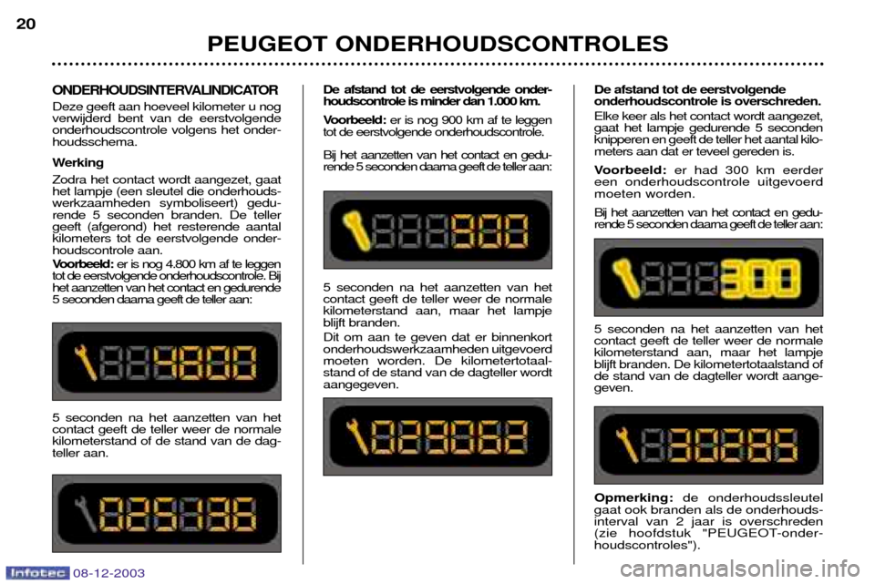 Peugeot 206 CC 2003.5 Handleiding (in Dutch) PEUGEOT ONDERHOUDSCONTROLES
20
08-12-2003
ONDERHOUDSINTERVALINDICATOR
Deze geeft aan hoeveel kilometer u nog verwijderd bent van de eerstvolgendeonderhoudscontrole volgens het onder-houdsschema.
We Peugeot 206 CC 2003.5 Handleiding (in Dutch) PEUGEOT ONDERHOUDSCONTROLES
20
08-12-2003
ONDERHOUDSINTERVALINDICATOR
Deze geeft aan hoeveel kilometer u nog verwijderd bent van de eerstvolgendeonderhoudscontrole volgens het onder-houdsschema.
We