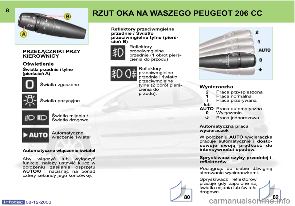 Peugeot 206 CC 2003.5  Instrukcja Obsługi (in Polish) 8
08-12-2003
RZUT OKA NA WASZEGO PEUGEOT 206 CC
8082
PRZEŁĄCZNIKI PRZY KIEROWNICY Oświetlenie 
Światła przednie i tylne  
(pierścień A)Światła zgaszone 
Światła pozycyjne
Światła mijania 