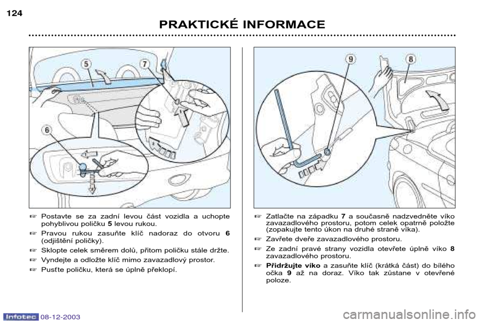 Peugeot 206 CC 2003.5  Návod k obsluze (in Czech) PRAKTICKÉ INFORMACE
124
08-12-2003

Postavte  se  za  zadní  levou  část  vozidla  a  uchopte 
pohyblivou poličku  5levou rukou.
 Pravou  rukou  zasuňte  klíč  nadoraz  do  otvoru  6
(odjiš