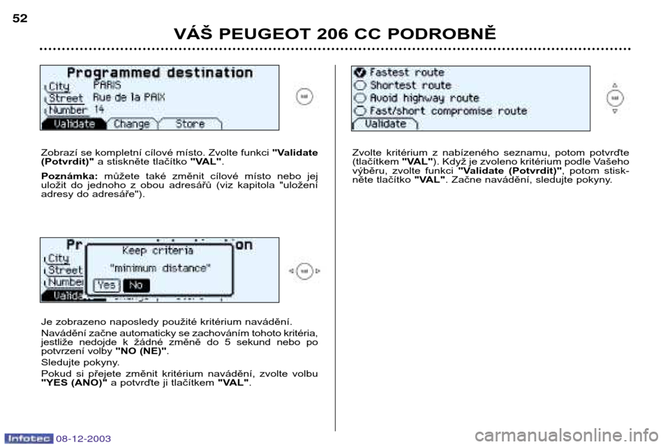 Peugeot 206 CC 2003.5  Návod k obsluze (in Czech) VÁŠ PEUGEOT 206 CC PODROBNĚ
52
08-12-2003
Zobrazí se kompletní cílové místo. Zvolte funkci "Validate
(Potvrdit)" a stiskněte tlačítko  "VAL".
Poznámka:  můžete  také  změnit  cílové 