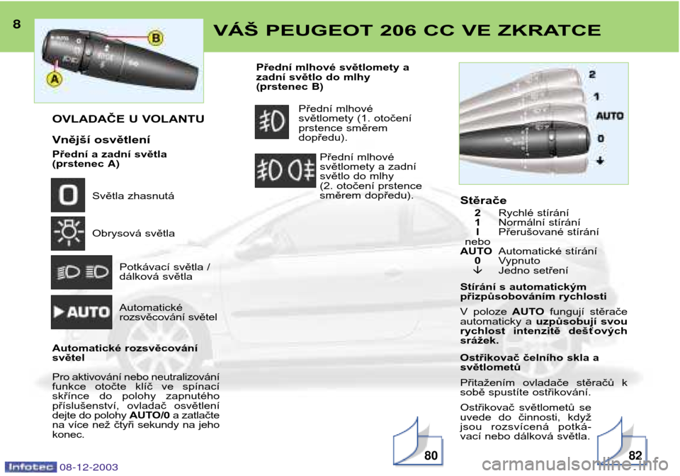 Peugeot 206 CC 2003.5  Návod k obsluze (in Czech) 8
08-12-2003
VÁŠ PEUGEOT 206 CC VE ZKRATCE
8082
OVLADAČE U VOLANTU 
Vnější osvětlení 
Přední a zadní světla  (prstenec  A)
Světla zhasnutá 
Obrysová světla
Potkávací světla / 
dálk
