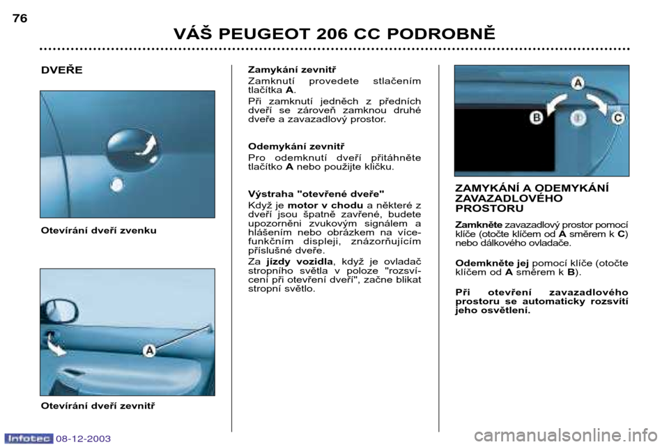 Peugeot 206 CC 2003.5  Návod k obsluze (in Czech) VÁŠ PEUGEOT 206 CC PODROBNĚ
76
08-12-2003
Otevírání dveří zvenku
DVEŘE
Otevírání dveří zevnitř
ZAMYKÁNÍ A ODEMYKÁNÍ 
ZAVAZADLOVÉHO
PROSTORU Zamkněte  zavazadlový prostor pomocí
