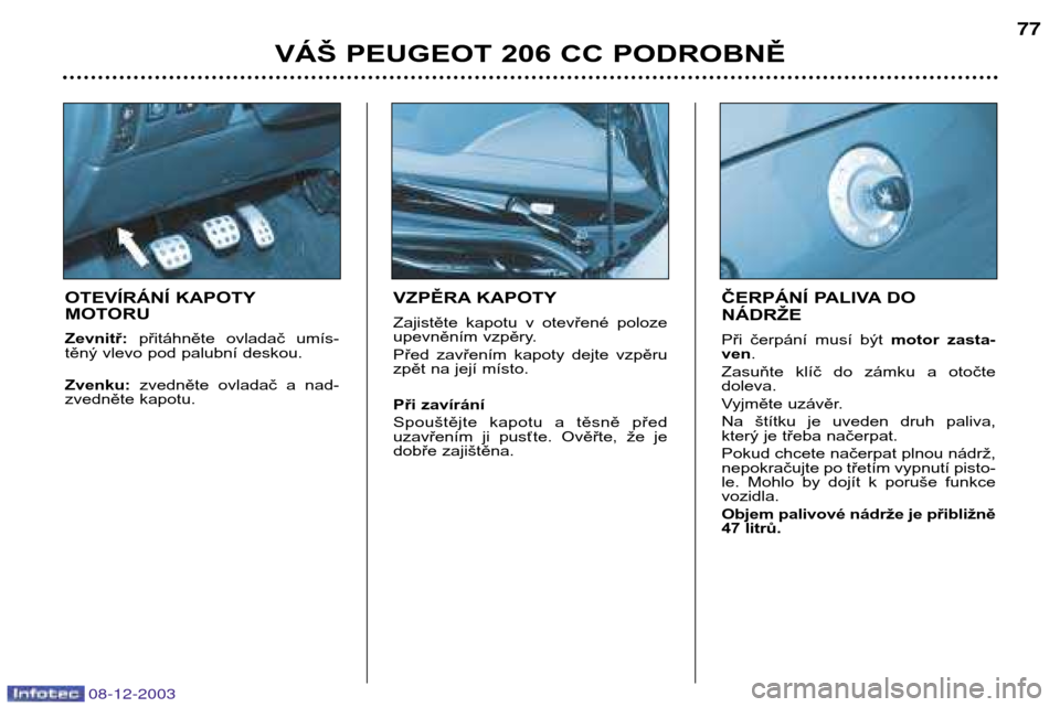 Peugeot 206 CC 2003.5  Návod k obsluze (in Czech) VÁŠ PEUGEOT 206 CC PODROBNĚ77
VZPĚRA KAPOTY 
Zajistěte  kapotu  v  otevřené  poloze 
upevněním vzpěry. 
Před  zavřením  kapoty  dejte  vzpěru 
zpět na její místo. 
Při zavírání 
S