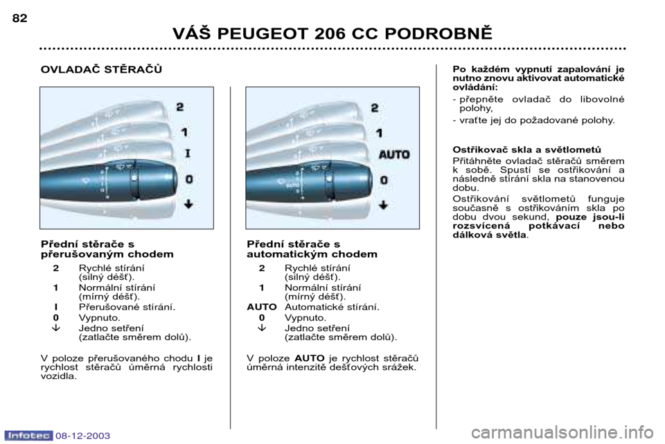 Peugeot 206 CC 2003.5  Návod k obsluze (in Czech) 08-12-2003
VÁŠ PEUGEOT 206 CC PODROBNĚ
82
Ostřikovač skla a světlometů 
Přitáhněte  ovladač  stěračů  směrem 
k  sobě.  Spustí  se  ostřikování  a 
následně stírání skla na st