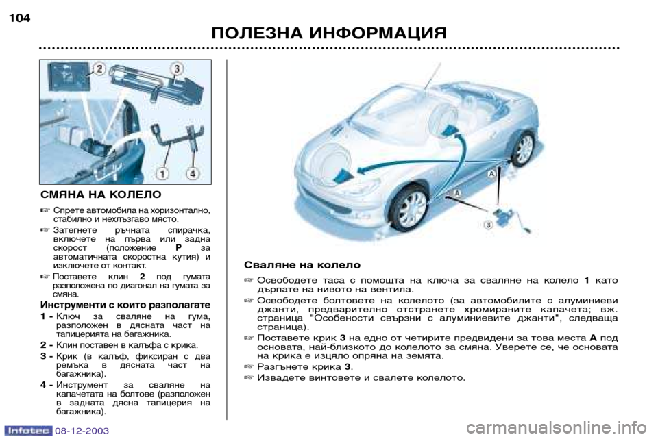 Peugeot 206 CC 2003.5  Ръководство за експлоатация (in Bulgarian) ПОЛЕЗНА ИНФОРМАЦИЯ
104
СМЯНА НА КОЛЕЛО 
Спрете автомобила на хоризонтално, 
стабилно и нехлъзгаво място.
Зате