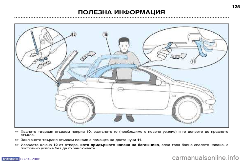 Peugeot 206 CC 2003.5  Ръководство за експлоатация (in Bulgarian) ПОЛЕЗНА ИНФОРМАЦИЯ 125

Хванете  твърдия  сгъваем  покрив  10,  разгънете  го  (необходимо  е  повече  усилие)  и  го 