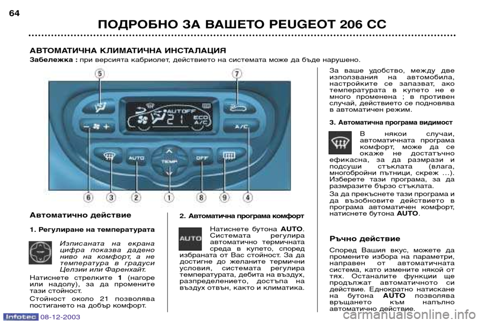 Peugeot 206 CC 2003.5  Ръководство за експлоатация (in Bulgarian) ПОДРОБНО ЗА ВАШЕТО PEUGEOT 206 CC
64
08-12-2003
2. 
Автоматична програма комфорт
Натиснете  бутона  AUTO.
Системата  регулира 