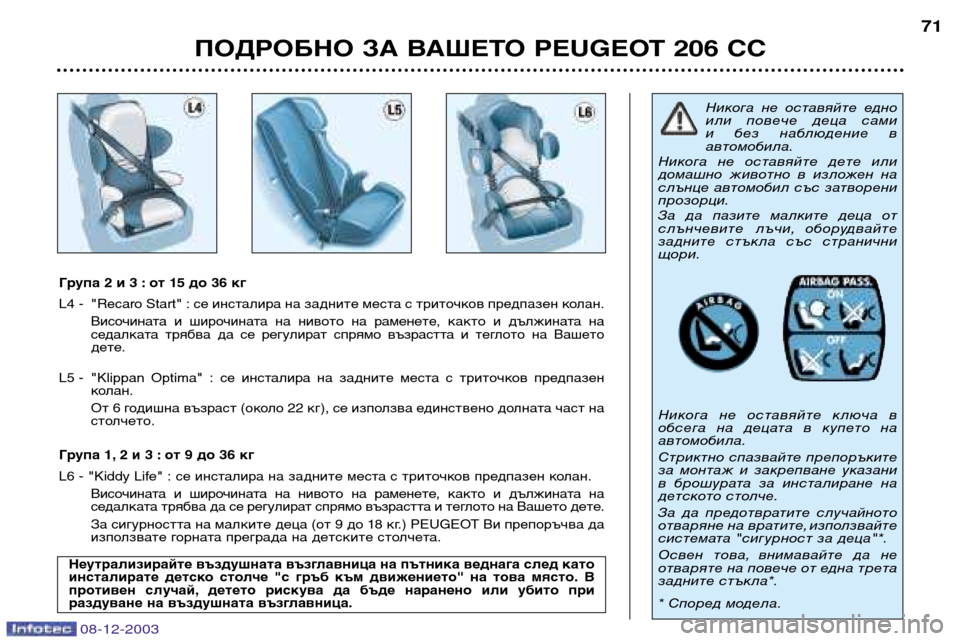 Peugeot 206 CC 2003.5  Ръководство за експлоатация (in Bulgarian) ПОДРОБНО ЗА ВАШЕТО PEUGEOT 206 CC71
08-12-2003
Група 2 и 3 : от 15 до 36 кг 
L4 - "Recaro Start" : се инсталира на задните места с триточк�