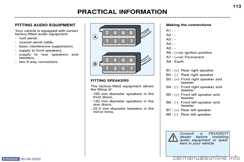 Peugeot 206 CC 2003 Owners Manual 30-06-2003
PRACTICAL INFORMATION113
FITTING AUDIO EQUIPMENT
Your vehicle is equipped with certain factory-fitted audio equipment:
- roof aerial,
- coaxial aerial cable,
- basic interference suppress Peugeot 206 CC 2003 Owners Manual 30-06-2003
PRACTICAL INFORMATION113
FITTING AUDIO EQUIPMENT
Your vehicle is equipped with certain factory-fitted audio equipment:
- roof aerial,
- coaxial aerial cable,
- basic interference suppress