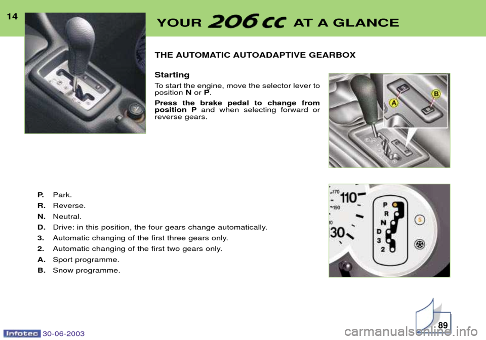 Peugeot 206 CC 2003 User Guide 30-06-2003
THE AUTOMATIC AUTOADAPTIVE GEARBOX Starting 
To start the engine, move the selector lever to position Nor  P.
Press the brake pedal to change fromposition P and when selecting forward or
re