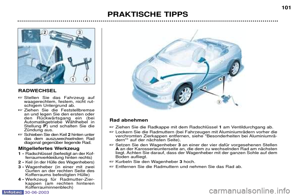 Peugeot 206 CC 2003  Betriebsanleitung (in German) 30-06-2003
PRAKTISCHE TIPPS101
RADWECHSEL 
Stellen Sie das Fahrzeug auf waagerechtem, festem, nicht rut-schigem Untergrund ab. 
 Ziehen Sie die Feststellbremsean und legen Sie den ersten oderden RŸ