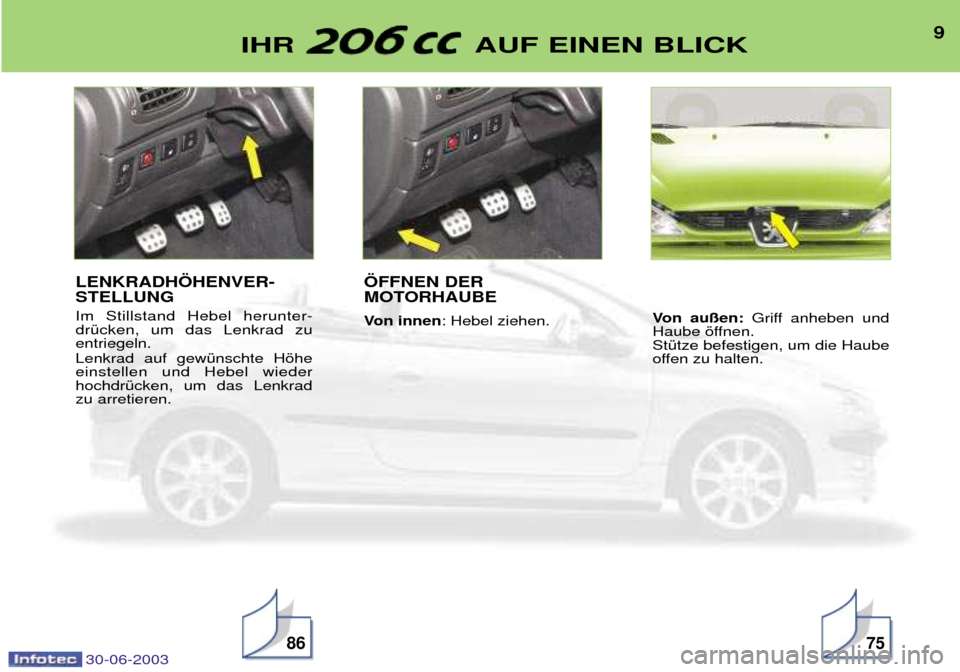 Peugeot 206 CC 2003  Betriebsanleitung (in German) 30-06-2003
9IHR  AUF EINEN BLICK
8675
LENKRADH…HENVER- STELLUNG  Im Stillstand Hebel herunter- drŸcken, um das Lenkrad zuentriegeln. Lenkrad auf gewŸnschte Hšhe einstellen und Hebel wiederhochdr�
