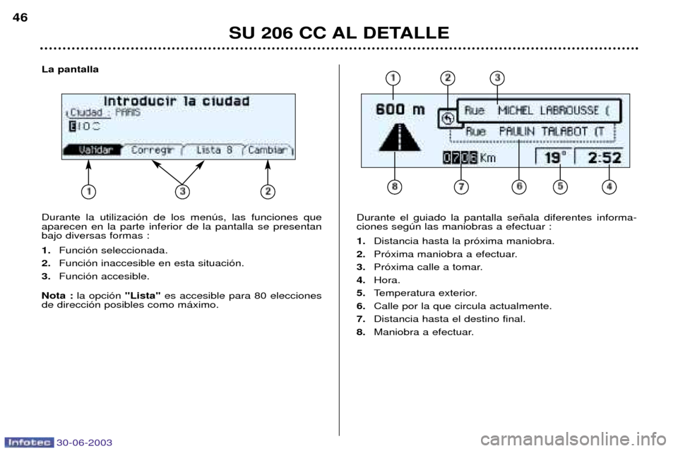Peugeot 206 CC 2003  Manual del propietario (in Spanish) 30-06-2003
SU 206 CC AL DETALLE
Durante el guiado la pantalla se–ala diferentes informa- ciones segœn las maniobras a efectuar : 1.Distancia hasta la pr—xima maniobra.
2. Pr—xima maniobra a efe