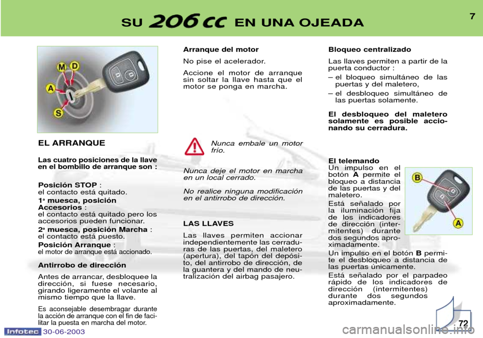 Peugeot 206 CC 2003  Manual del propietario (in Spanish) 30-06-2003
7SU EN UNA OJEADA
72
Arranque del motor 
No pise el acelerador.Accione el motor de arranque sin soltar la llave hasta que elmotor se ponga en marcha. 
LAS LLAVES  Las llaves permiten accion