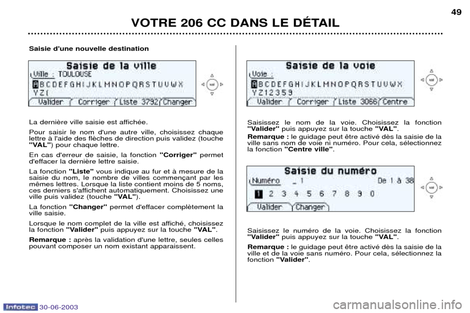 Peugeot 206 CC 2003  Manuel du propriétaire (in French) 30-06-2003
VOTRE 206 CC DANS LE DƒTAIL
49
Saisie dune nouvelle destination 
La derni Pour saisir le nom dune autre ville, choisissez chaque lettre ˆ laide des fl
"VAL") pour chaque lettre.
En cas